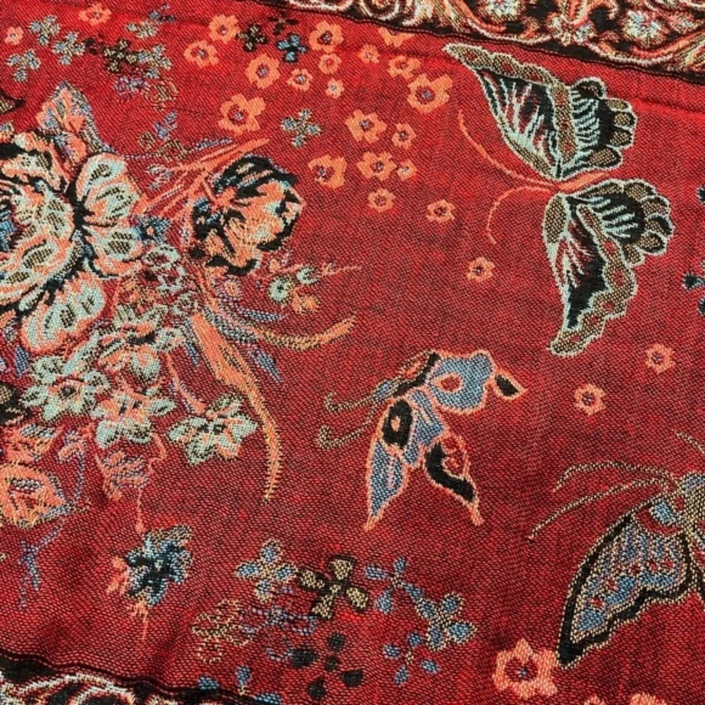 Pashmina, Red, Blue and Olive Colorblock Scarf Butterfly Pattern